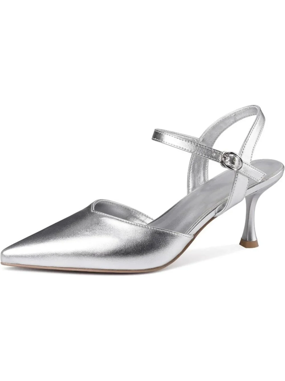 Women's Sliver Faux Leather Comfortable Ankle Strap Closed Toe Kitten Heel Pumps